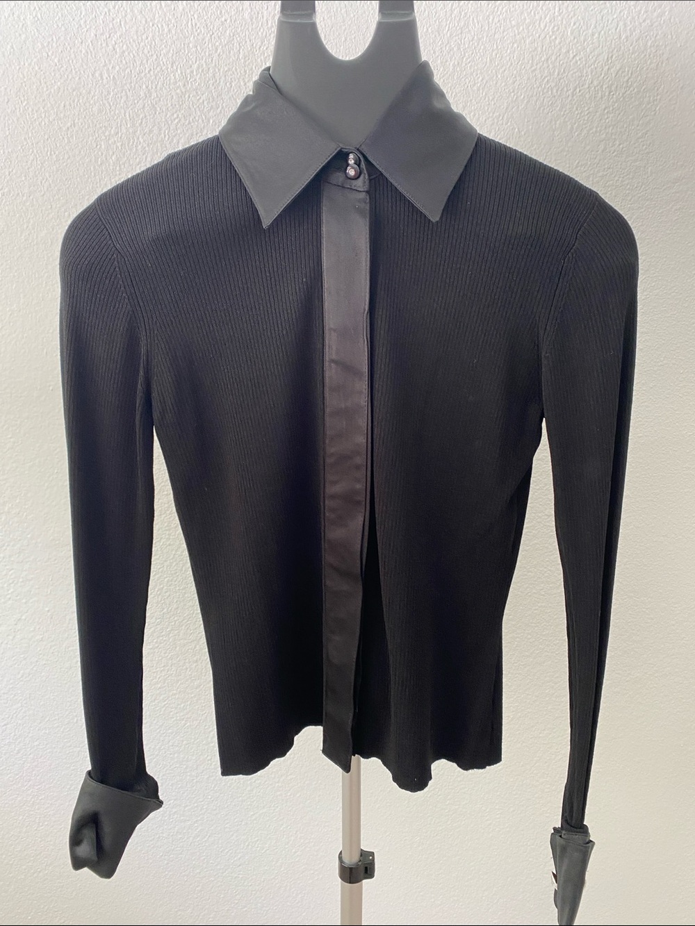 Black Ribbed Button-Up Top with Satin Trim and rhinestone cuffs